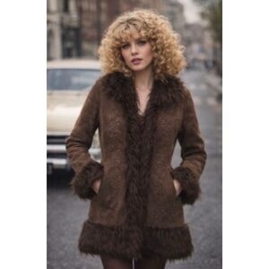 Vintage Gallery Penny Lane Brown Leather Suede Shaggy Trim Embroidered Coat S